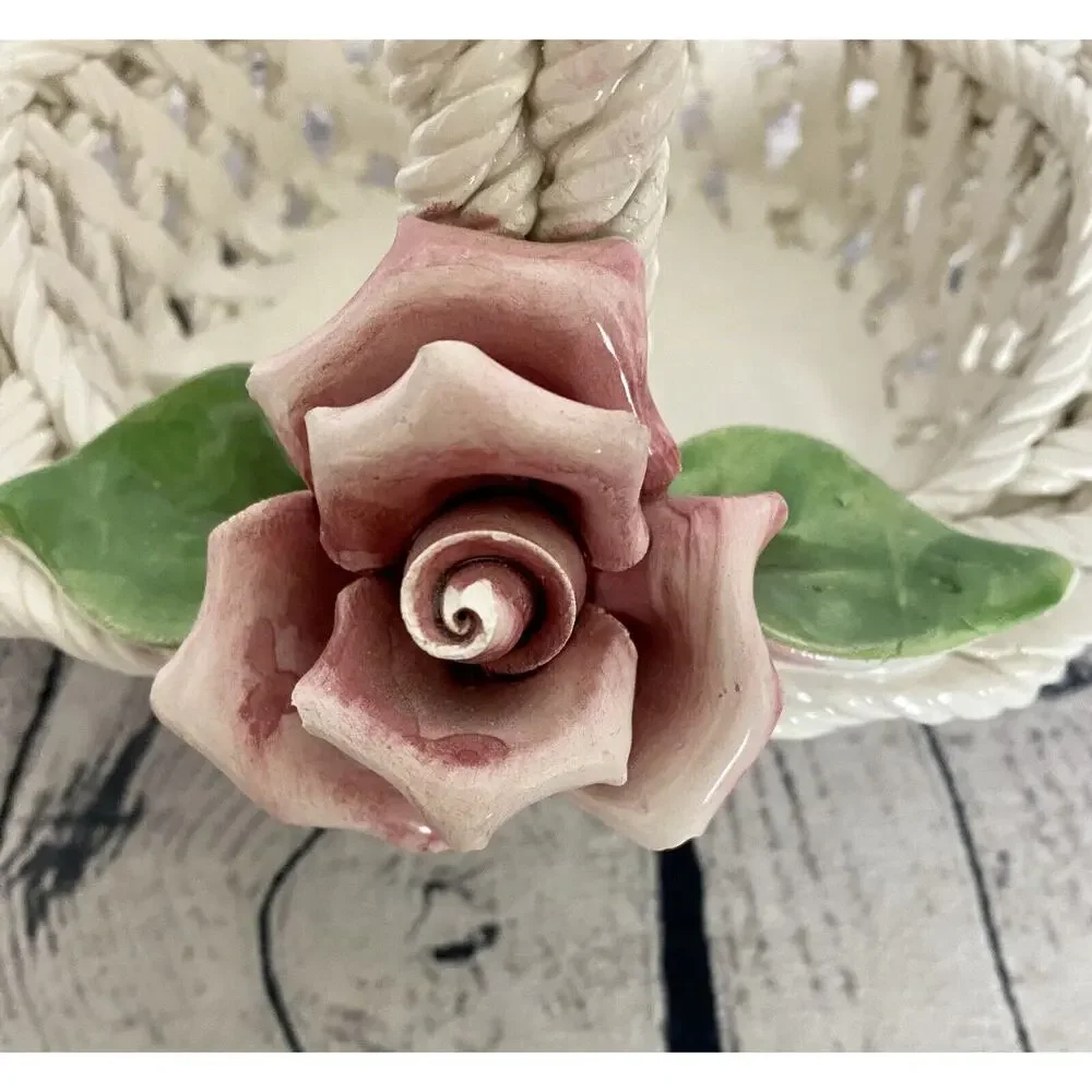 Capodimonte Porcelain Weaved Basket With Handle And Roses Made‎ In Italy